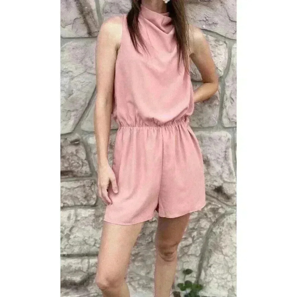 Entro Romper Womens Sz L Dusty Pink Sleeveless Elastic Waist Lined Shorts